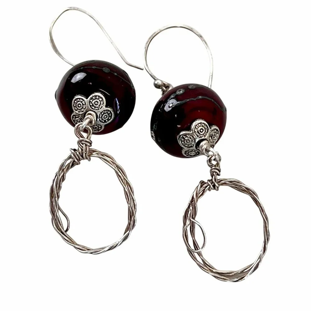 Handcrafted Purple Glass & Silver Wire Dangle Earrings Lightweight Jewelry - Picture 3 of 4